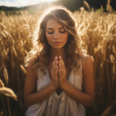 Wall Mural - a woman prays against the backdrop of tall grass. sunset, peaceful, nature. religion concept.