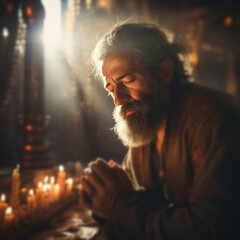 Wall Mural - mature religious man praying to god in room. sun shining through window. religious concept.