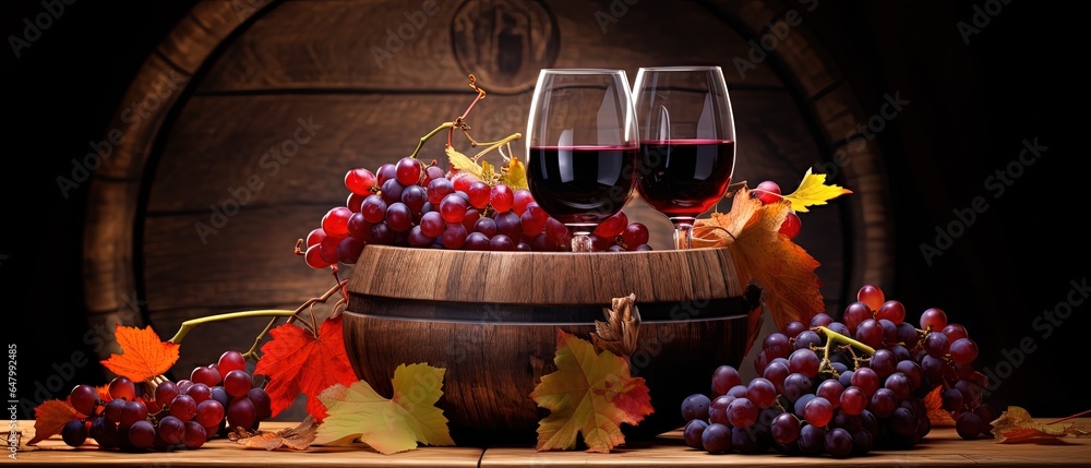 close up two wine glasses with red grape and wine barrel background ...