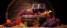 Close Up Two Wine Glasses With  Red Grape And Wine Barrel Background, Generative Ai