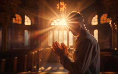 Wall Mural - man praying in church at sunset. spiritual connection with god. religion concept.