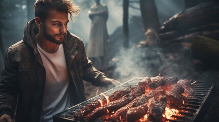 Sticker - A man grilling meat on a grill in the woods