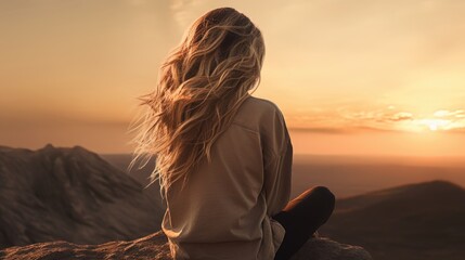 Canvas Print - A woman sitting on a rock looking at the sunset