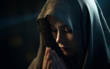 Wall Mural - portrait of young muslim woman bowing her head in prayer in dark room. religion concept.