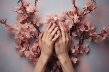 Two Hands Delicately Hold Branch Of Beautiful Pink Flowers. This Image Can Be Used To Represent Love, Nature, Beauty, Or Peaceful Atmosphere.