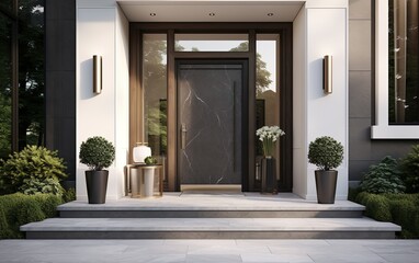 View to entrance door of a modern farmhouse. Beautifully decorated with potted plants.