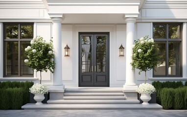 View to entrance door of a modern farmhouse. Beautifully decorated with potted plants. Wooden front door with glass and forging for a luxury house.