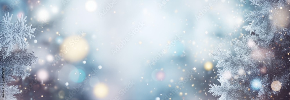 Christmas winter blurred background. Xmas tree with snow decorated with ...