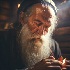 Wall Mural - close up of senior religious man praying to god in room. religious concept.