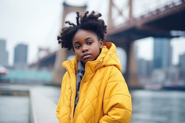 Sadness African Girl In A Yellow Jacket On City Background
