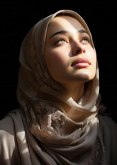 Wall Mural - young muslim woman lifting her head in prayer. sunlight on her face. religion concept.
