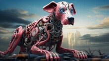 A Pink Dog With Chains On It's Legs