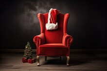 Santa's Red Hat On A Red Chair Creative Minimalism. Christmas Card