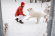 © rh2010 - Man in red sweater and hat plays with a dog on snowy lawn. Spending winter time together