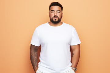 Wall Mural - design mockup: hispanic plus sized man wearing a blank white t-shirt, studio shot