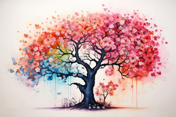 Cherry Blossom Tree Blooming Painted With Crayons