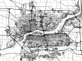 greyscale vector city map of davenport iowa in the united states of america with with water, fields 