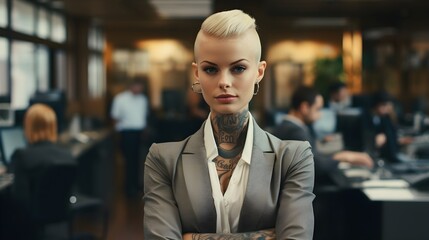 A confident young businesswoman with tattoos, Office background. Generative AI