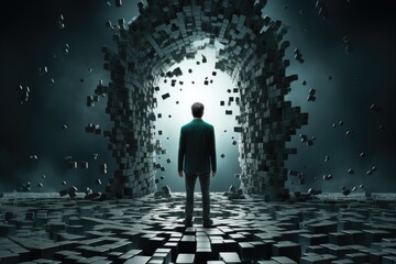 Wall Mural - A man standing in front of a brick wall with a light coming from the center, AI