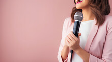 Beautiful Singer Woman Holding Microphone Karaoke On Pink Background With Empty Space For Text Created With Generative AI Technology
