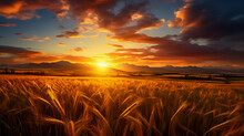 Sunset Over A Wheat Field With A Fence And Mountains In The Background Generative AI