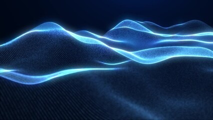 Digital particle waves with light motion background, abstract futuristic wavy background with moving dotted dotted surface. Animation of seamless loop.