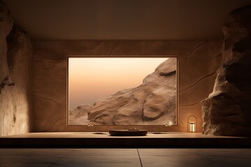 a light shows a room that has two brown walls and a wall mirror, in the style of natural materials, 