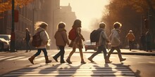 School Children Cross The Road In The City, The Concept Of Traffic Rules, Increased Attention Of Drivers, Pedestrian Crossing.