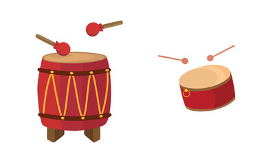 Drum vector set  with drum sticks. Musical instrument clip art. Percussion. Drum for lion dance performance or dragon boat festival. Toy for kids in mid autumn festival or for cheering fans. 