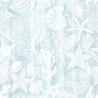 Sea. Art seamless pattern on the marine theme with underwater plants,starfish, seashells on blue watercolor background. Vector. Perfect for design templates, wallpaper, wrapping, fabric and textile.