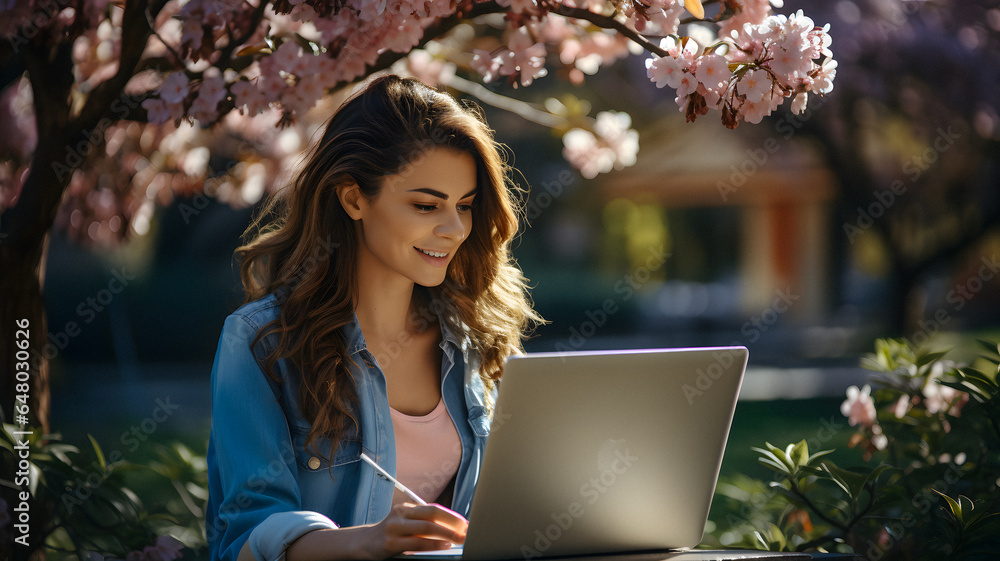 araffe woman sitting under a tree using a laptop computer Generative AI ...