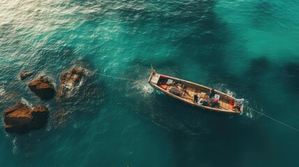 Wall Mural - Fishermen on a boat in the middle of the sea, AI generated Image