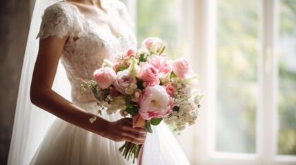 Wall Mural - Bride in white wedding dress holding bridal bouquet