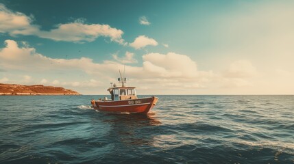Wall Mural - Fishermen on a boat in the middle of the sea, AI generated Image