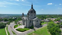 Cathedral Of Saint Paul (Minnesota) National Shrine Of The Apostle Paul. Aerial Establishing Shot On Summer Day.