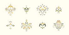 Damask Graphic Elements. Oriental Floral Ornament. Baroque And Royal Victorian Trendy Designs. For Seamless Patterns, Wrapping, Wallpaper, Greeting And Business Cards, Wedding Invitations Etc.