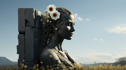 Wall Mural - Tombstone monument of a young woman in a field with flowers, AI