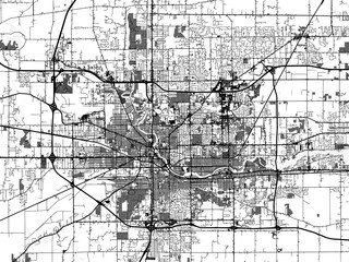 Greyscale vector city map of  South Bend Indiana in the United States of America with with water, fields and parks, and roads on a white background.