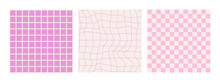 Colorful Trendy Checkerboard Square Seamless Pattern Collection. Set Of Geometric Bright Background In Vintage Psychedelic Y2k Style. Lilac And Pink Color. Funny Cute Texture For Surface Design.