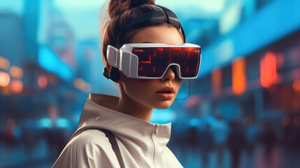 Aufkleber - Beautiful woman wearing a vr headset in front of a cityscape.
