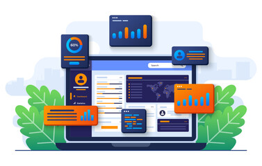 data charts, graphs, and a dashboard on laptop screen, SEO marketing advertising analytics vector illustration, Marketing analytics, Market research, Business Analysis, Financial reports and research
