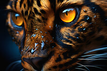 Close Up Portrait Of A Wild Jaguar Cat On The Dark Background.