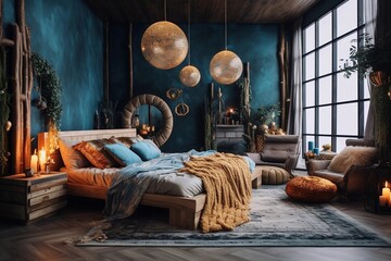 Wall Mural - Bohemian or eclectic interior design of modern bedroom