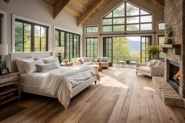 interior design of modern bedroom in attic with wooden beams