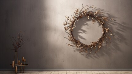 Poster -  a round metal wreath on a wall next to a table.  generative ai