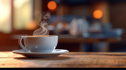 Wall Mural - Coffee Cup on table Cafe shop Interior Blur background