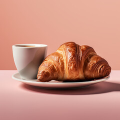 Wall Mural - Cup of coffee and fresh croissant. Perfect breacfast in the morning.