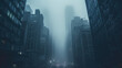 dark and moody city streets with skyscrapers with fog