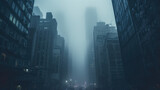 Fototapeta  - dark and moody city streets with skyscrapers with fog