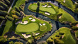 Aerial top down view of a beautiful green golf course with holes and river